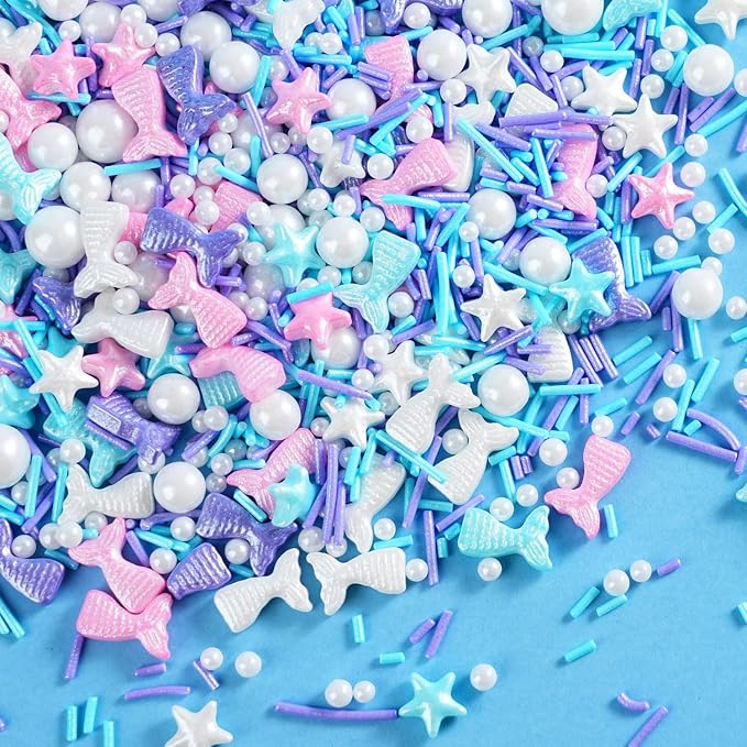 Mermaid Sprinkles for Cake Decorating – Edible Pearl & Star Sugar with Jimmies (Blue, Pink, Purple) – Ocean & Unicorn Theme Sprinkles Mix for Cupcakes, Cookies, Donuts – Birthday Party Baking Supplies