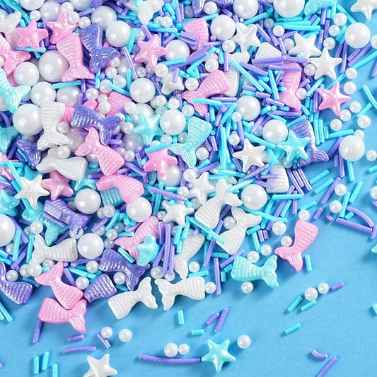 Mermaid Sprinkles for Cake Decorating – Edible Pearl & Star Sugar with Jimmies (Blue, Pink, Purple) – Ocean & Unicorn Theme Sprinkles Mix for Cupcakes, Cookies, Donuts – Birthday Party Baking Supplies