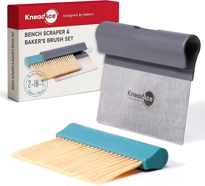 KneadAce Dough Scraper & Baker’s Brush.Stainless Steel Bench Scraper & Flour Cleaning Brush. Kitchen Tool for Pastry, Sourdough and Baking Prep Bread Dough Cutter, Gift For Bakers (Gray/Turquoise)