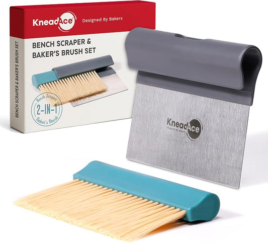 KneadAce Dough Scraper & Baker’s Brush.Stainless Steel Bench Scraper & Flour Cleaning Brush. Kitchen Tool for Pastry, Sourdough and Baking Prep Bread Dough Cutter, Gift For Bakers (Gray/Turquoise)