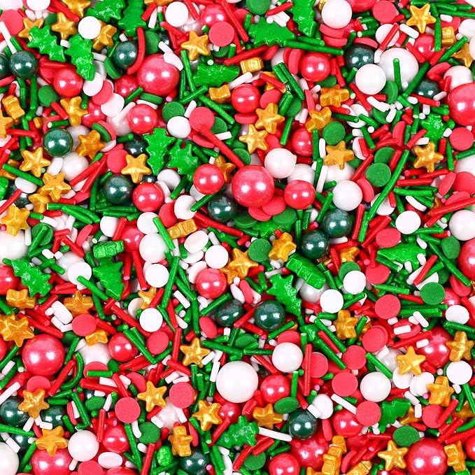 Christmas Sprinkles for Cake Decorating 7 ounce Edible Christmas Tree Star Red Green Pearls Sugar Jimmies Confetti Holiday Sprinkles for Cupcake Toppers, Cookie, Ice Cream Decorations Christmas Party