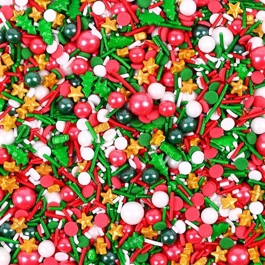 Christmas Sprinkles for Cake Decorating 7 ounce Edible Christmas Tree Star Red Green Pearls Sugar Jimmies Confetti Holiday Sprinkles for Cupcake Toppers, Cookie, Ice Cream Decorations Christmas Party