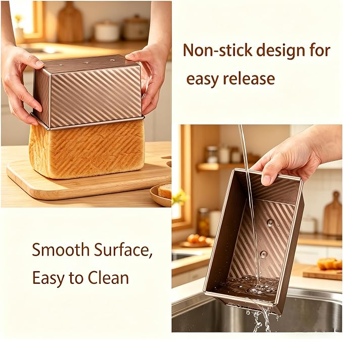 3 Pack Pullman Loaf Pans with Lids, 2.2LB & 1LB & 0.5LB Dough Capacity, Non-Stick Carbon Steel Sandwich Bread Loaf Pan for Homemade Baking Sourdough, Heavy Duty Corrugated Toast Mold, Black+Golden
