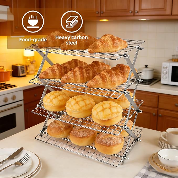 3 Tier Collapsible Cooling Rack with Adjustable 6 Setting Design stackable wire rack for baking sheet for Cookies Baking Gifts for Women (Silver, 3-Tier)