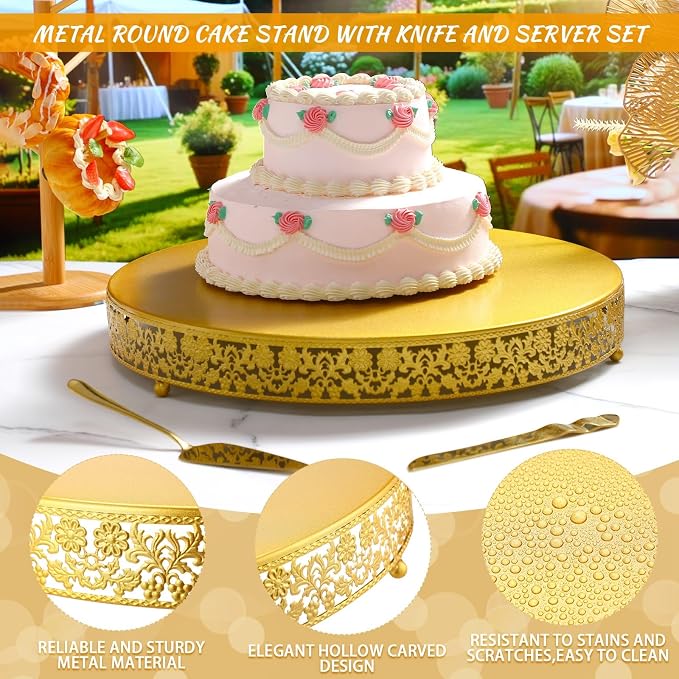 Wenqik 18 Inch Gold Cake Stand Set Metal Round Cupcake Dessert Stand with Cake Cutting, Flower Spatula Wedding Cupcake Pastry Display Candy Holder Display for Wedding Party Birthday Baby Shower