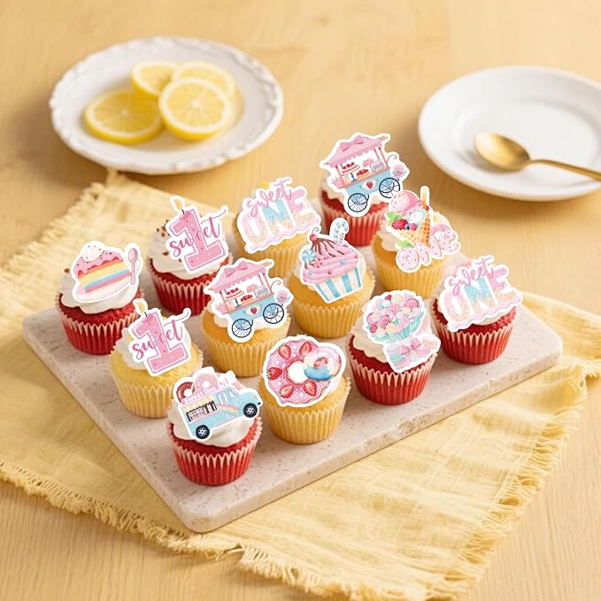 63 PCS Sweet One Cupcake Toppers Donut Flowers ice Cream Dessert Cart Cupcake Picks Donut 1st Birthday Party Decorations for Baby Shower Girls Birthday Party Cake Decorations Supplies
