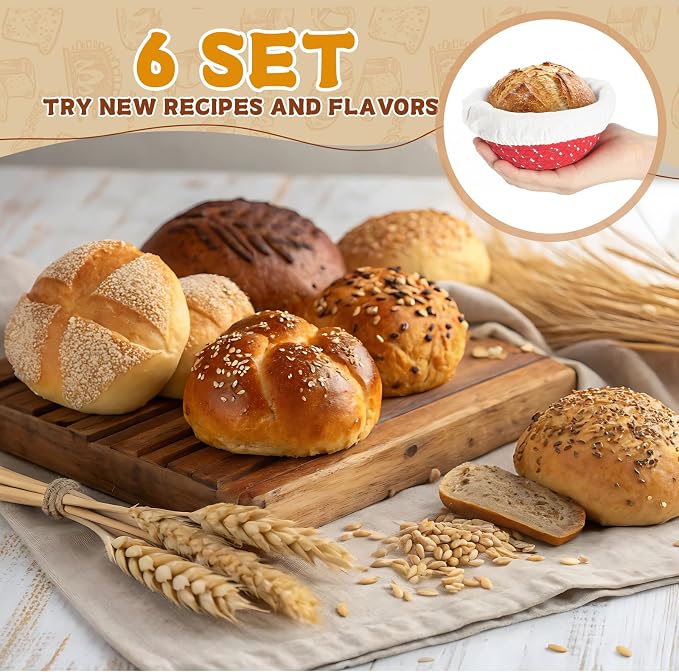 6 Set 5.5 Inch Mini Banneton Bread Proofing Basket Natural Cotton Rope Proofing Bowls Kit with Cloth Liner Small Sourdough Bread Baking Supplies for Home Baking (Red)