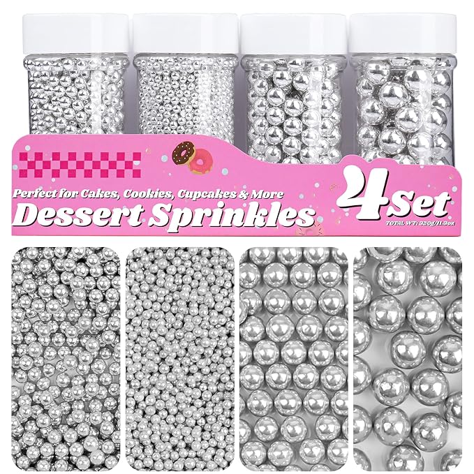 Silver Pearl Sprinkles for Cake Decorating, 11.3oz/320g Edible Pearls Sugar 4 Jars Set for Baking Cupcakes Cookies Ice Cream