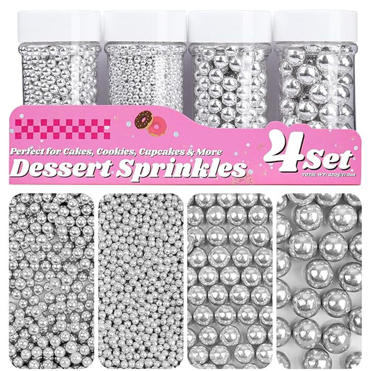 Silver Pearl Sprinkles for Cake Decorating, 11.3oz/320g Edible Pearls Sugar 4 Jars Set for Baking Cupcakes Cookies Ice Cream