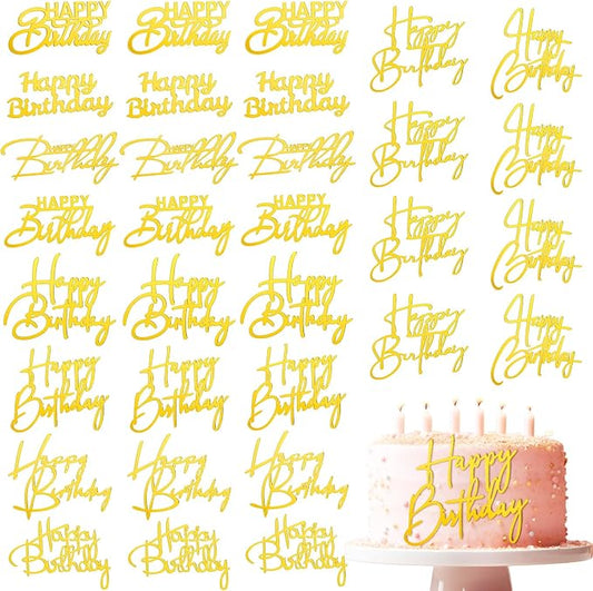 Barydat 50 Pcs Happy Birthday Cake Toppers Bulk Mirror Acrylic Cupcake Topper Decorations Happy Birthday Sign for Cake Inserts Decor Celebrate Anniversary Theme Party Supplies 10 Style(Gold)