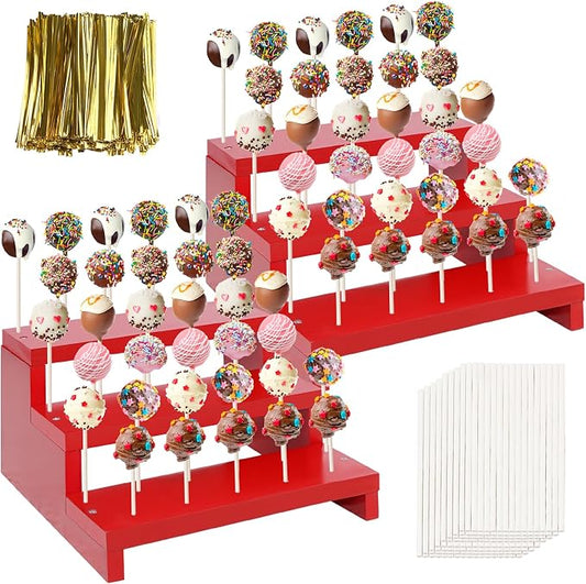 2 Pcs Cake Pop Stand, 3 Tier Wood Cake Pop Holder Display Risers with Twist Ties Lollipop Sticks, 33 Hole Lollipop Holder for Dessert Table of Wedding Birthday Party (Red-2P)