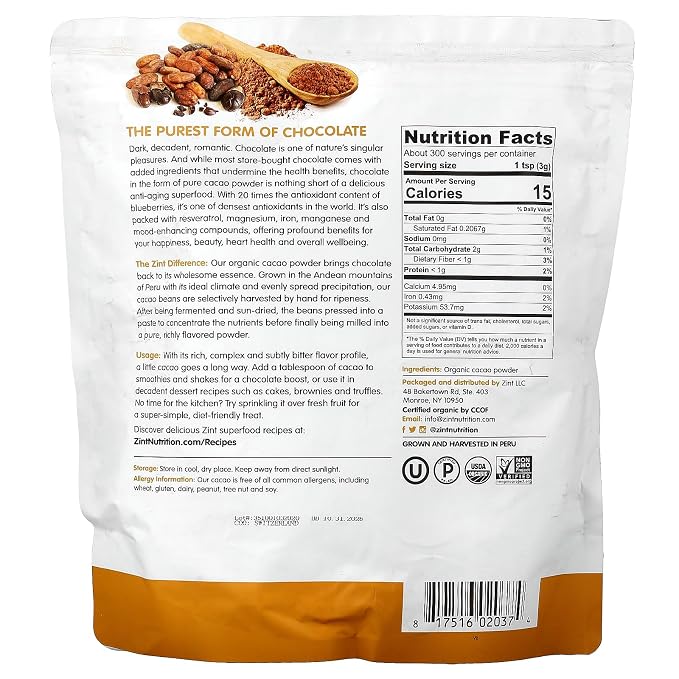 Zint Organic Cacao Powder, Organic, Non GMO, Anti Aging Antioxidant Superfood, Gluten Free Cocoa Cacao Beans, Pure Delicious Chocolate Essence, (32 oz)