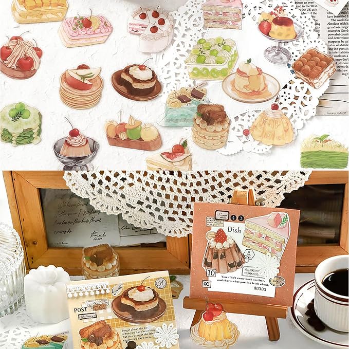 Maxleaf 80PCS Dessert Cake Clear Stickers for Scrapbook Decoration, 4 Series Retro Foods Bread Cake Coffee Stickers for Daily Life Diary Album Decoration