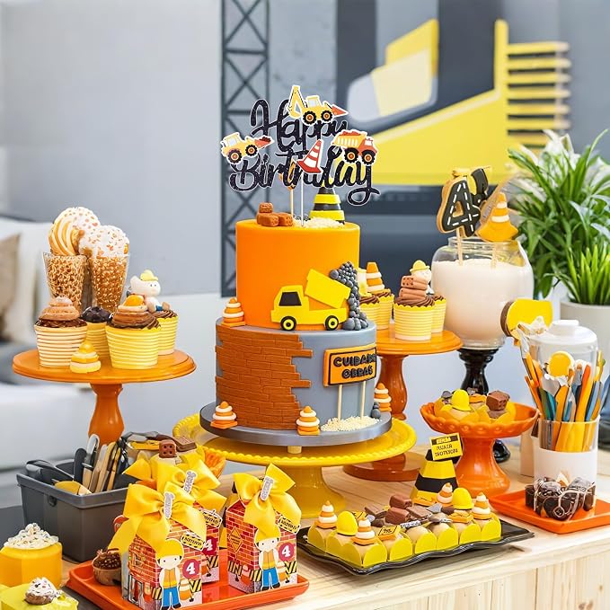 Construction Theme Happy Birthday Cake Topper Glitter Construction Cake Pick Dump Truck Excavator Tractor Cake Decorations Vehicles Cake Topper for Kids Birthday Baby Shower Party