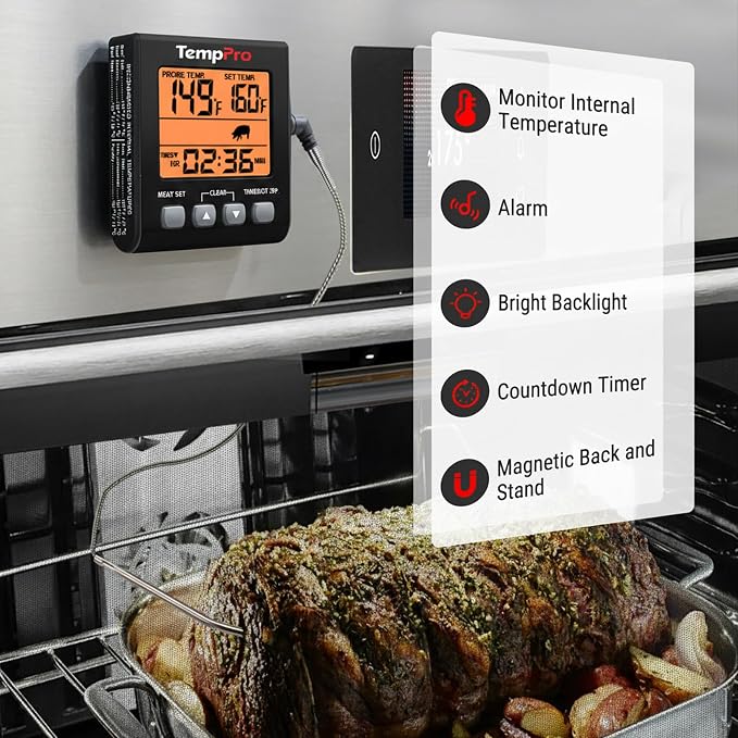 TempPro TP16SW Digital Meat Thermometer for Cooking and Grilling, BBQ Food Thermometer with Backlight and Kitchen Timer, Grill Temperature Probe Thermometer for Smoker, Barbecue, Oven, Black
