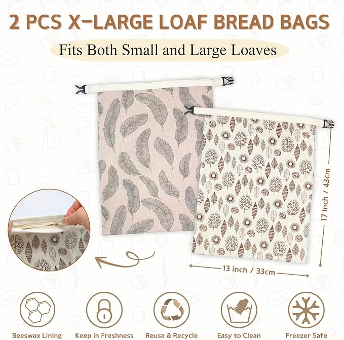 2 Pack Beeswax Bread Bags for Homemade Bread with Zipper, Large 13x17'' Reusable Beeswax Sourdough Bread Storage Bag, Keep Loaves Fresh Longer, Freezer Safe & Airtight, Natural, Zero Waste