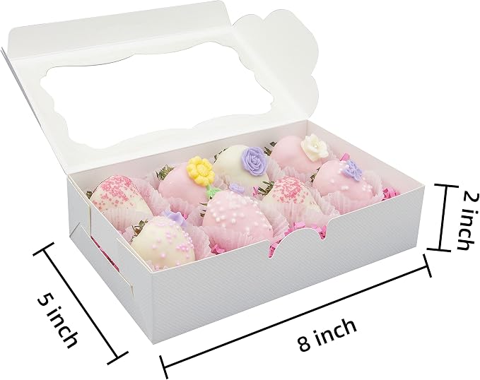 50pcs 8x5x2 Inch White Bakery Boxes Cookie Boxes with Window Treat Boxes Dessert Boxes for Cookie,Pastry,Macaron,Donut,Muffins,Chocolate,Cupcake and Candy Gift Giving