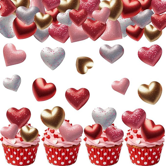 56PCS Edible Heart Cupcake Toppers Wafer Paper Red Pink Heart Cupcake Picks Sweet Love Cake Decor for Valentine's Day Theme Party Birthday Decoration Supplies