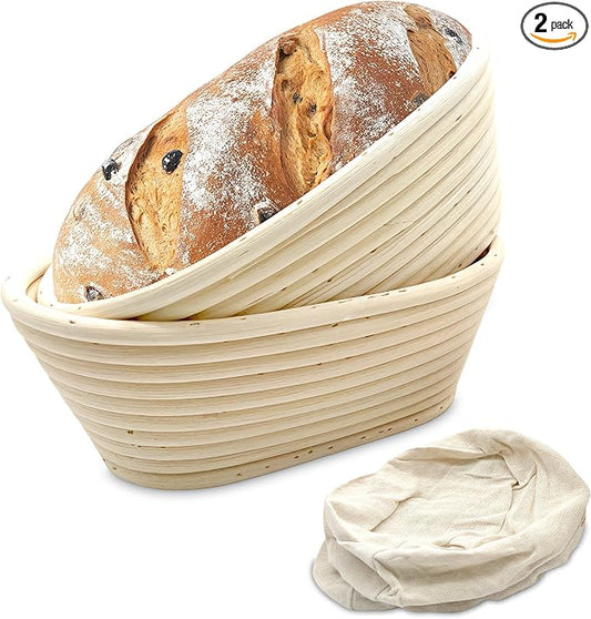 Bread Proofing Basket Set - 2 Oval Banneton Baskets with Linen Liners for Sourdough & Artisan Bread Making, Natural Rattan (8" x 5")