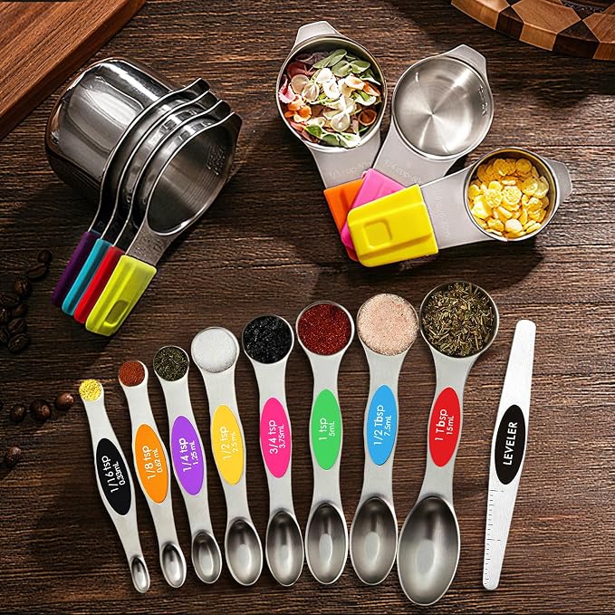 16PCS Magnetic Measuring Cups & Spoons Set,Heavy Duty 304 Stainless Steel，Double Measurement Easy to Read Markings with Leveler for Measure Dry or Liquid Ingredients ﻿