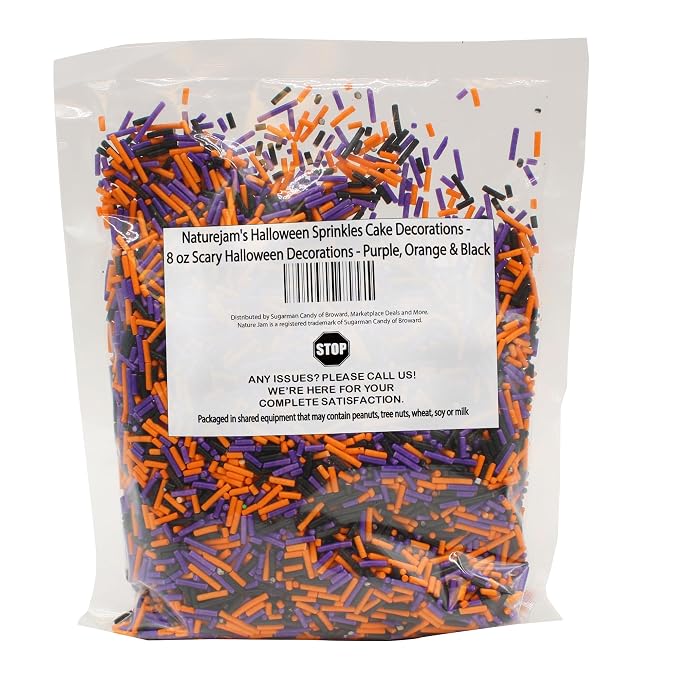 Naturejam's Halloween Sprinkles Cake Decorations - 8 oz Scary Halloween Decorations - Purple, Orange & Black Cake Supplies - Spooky Decor - Cupcake Toppers & Ice Cream Jimmies