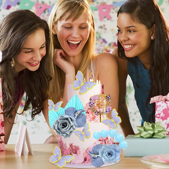27 PCS Flower Cake Decorations Blue Cake Decorations Boho Butterfly Cake Toppers with Rose Artifical Flowers Palm Leaves Balls Happy Birthday Cake Topper for Birthday Party Wedding Baby Shower