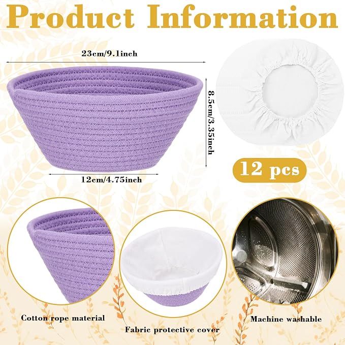 4 Pcs Round Banneton Bread Proofing Basket Set Cotton Rope Sourdough Bread Banneton Basket with Liners Covers for Baking Supplies(9 Inch)