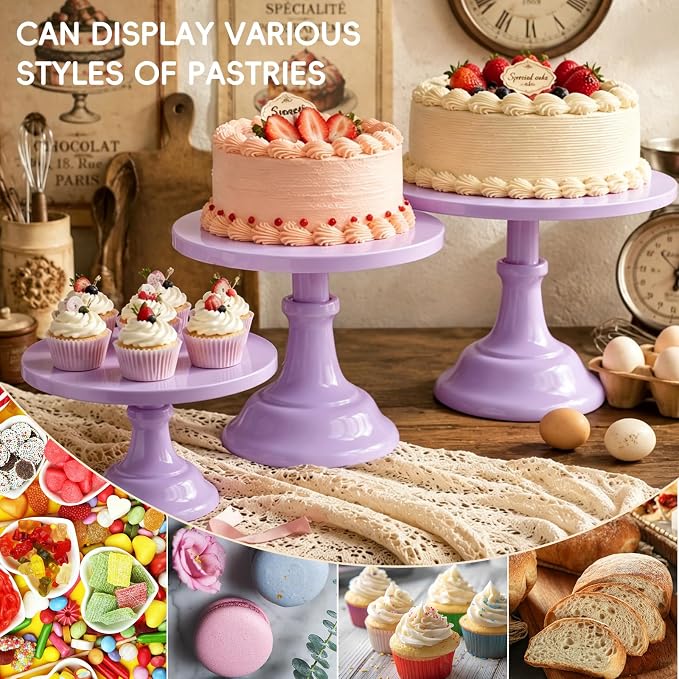 Three-piece Cake Stand Set, Metal Round Trays, 8-inch, 10-inch, and 12-inch, for Dessert Table displays; Perfect for Christmas, Thanksgiving, Birthdays, Weddings, and Other Celebrations(Purple)