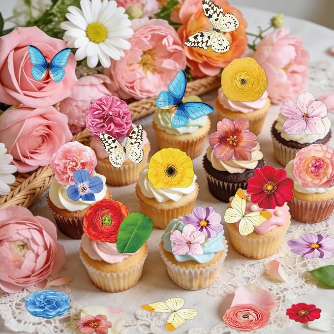 108PCS Edible Flower Cupcake Toppers Wafer Paper Butterfly Floral Baby Shower Cake Decorations Edible Spring Flower Cupcake Toppers for Floral Theme Birthday Party Decoration