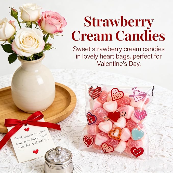 200PCS 5.5x5.5inch Valentine Cellophane Bags, Heart Cookie Bags | Clear Red Pink Lovely Printed Bags, Self Adhesive OPP Treat Bag for Cookie Bakery Present Gift Goodies DIY Candy Decorating