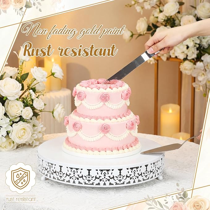 Wenqik 14 Inch White Cake Stand Set Metal Round Cupcake Dessert Stand with Cake Cutting, Flower Spatula Wedding Cupcake Pastry Display Candy Holder Display for Wedding Party Birthday Baby Shower