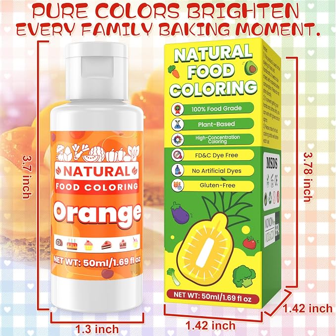 Orange Natural Food Coloring - 50ml Plant Based Food Dye, No FD&C & Artificial Dyes, Gluten-Free, Food-Grade, Vibrant Liquid Colors for Icing, Baking, Cake Decorating, Frosting, Fondant, Slime - 1.69 Fl.Oz Bottles