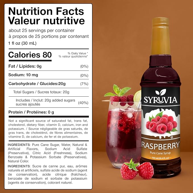 Syruvia Raspberry Syrup, Flavored Syrup for Cocktails, Fruit Drinks, Lemonades, and Desserts – 25.4 fl oz - with Pump