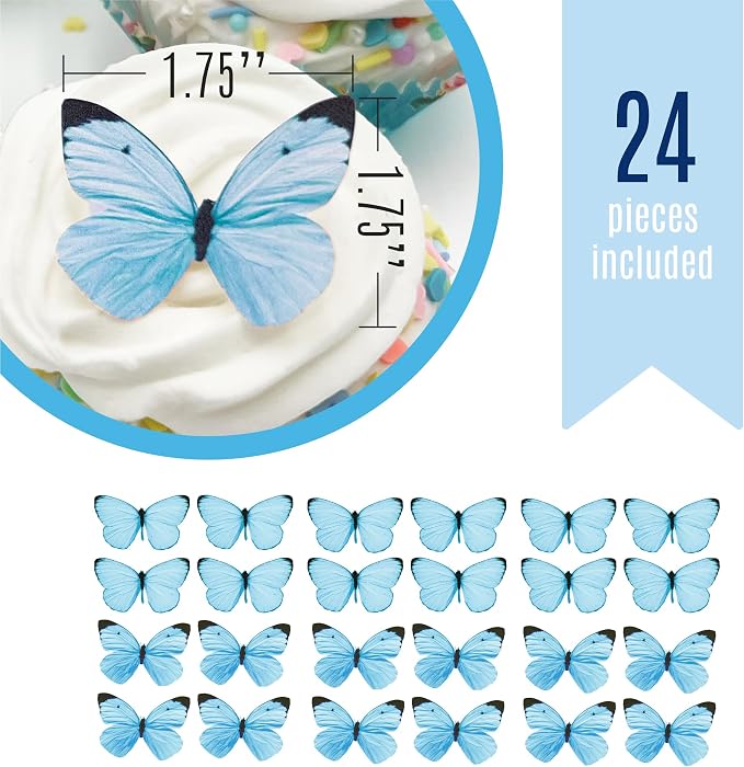 Sugar Robot Edible Butterflies for Cake Decorating - Small Pastel Blue Butterfly Cake Toppers and Cupcake Toppers - Decoration Made in the USA - Premium Crafted (Blue)