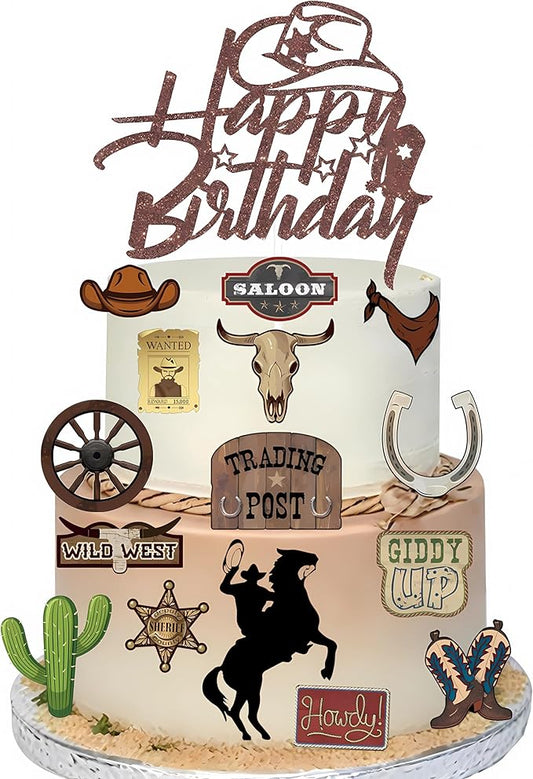 16 Pcs Cowboy Cake Toppers Glitter Cowboy Hat Cake Decorations Western Theme Happy Birthday Party Decoration for Boys Girls , Cowboy Birthday Sign Birthday Decor Party Decor Party Supplies