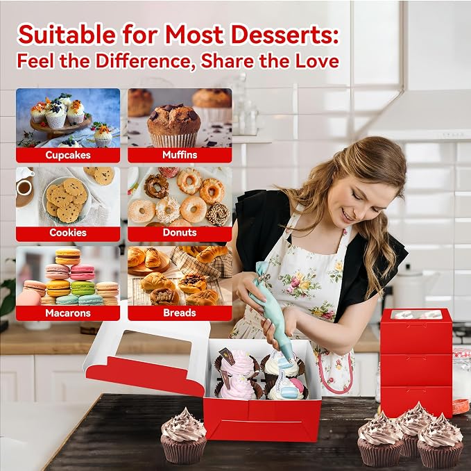 10-Set Cupcake Boxes Bulk with Clear Display Window Hold 4 Standard Cupcakes, Disposable Food Grade Red Cupcake Carrier Cupcake Container, Perfect for Cupcakes Muffins Cookies Pastries