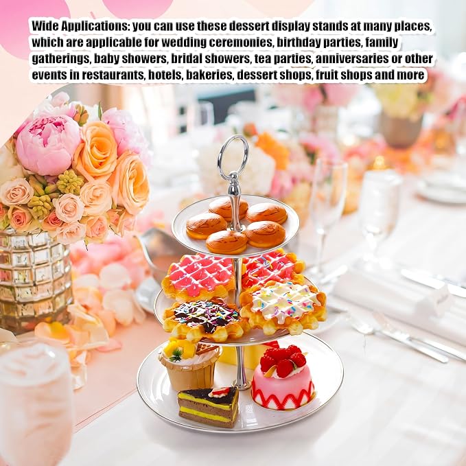 Teenyyou 8 Pack 3 Tier Cupcake Stand Bulk Tiered Dessert Stand Thick Plastic Serving Tray with Gold Edges Dessert Table Display Set Tea Cake Holder for Wedding Birthday Party(Silver White,Round)
