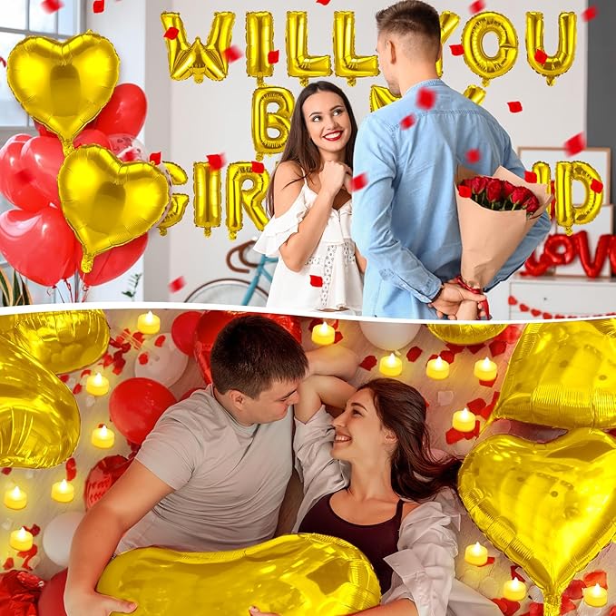 HyDren 18" Will You Be My Girlfriend Balloons Letters Kit Include Heart Shaped Balloons and LED Tealight Candles with Rose Petals Romantic Girlfriend Proposal Kit Valentines Day Decorations(Gold)