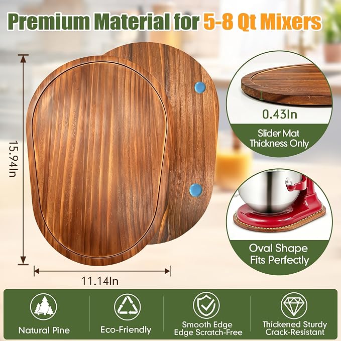 Mixer Slider for Kitchenaid Mixer 5-8 Qt Bowl Lift Stand Mixer Pine Wood Countertop Appliance Sliding Tray Mover Sliding Caddy for Kitchen Aid Slider Mat Accessories Attachments Brown