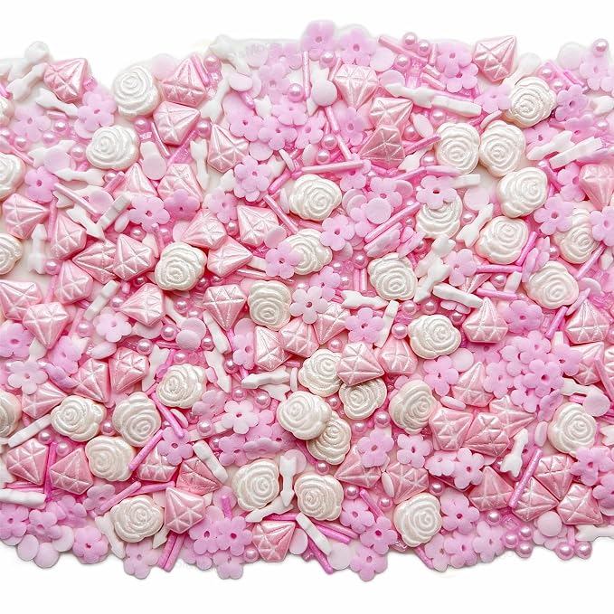 SE Si&Moos Pink Sprinkles Edible Pink Flowers for Cake Decorating Spring Sprinkles Cake Sugar Pearls Edible Icing Flowers Rose and Diamond Candy for Decorating Cake,Cupcake,Ice Cream,Donuts and Lollipops 3 OZ