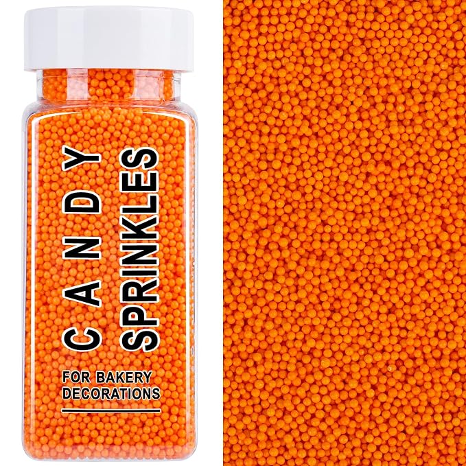 Orange Nonpareils Sprinkles, 2mm Edible Pearls for Cake Decorating, 4.6oz Mini Sugar Pearls for Baking, Cupcake, Cookie, Ice Cream Toppings, Thanksgiving Halloween Fall Easter Holiday Party Supplies