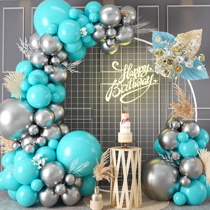 Teal Balloon Garland Kit, 100 Pcs Metallic Silver and Teal Blue Balloon Garland Kit, Turquoise Teal Blue Metallic Silver Balloons Different Sizes for Baby Shower Birthday Wedding Party Decorations