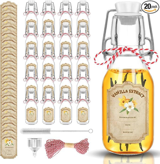 20 Pack Swing Top Glass Vanilla Extract Bottles 4 oz with Lids, Vanilla Extract Labels and Funnel, Glass Boston Vanilla Bottles for Syrup Gift, Flip Top Glass Bottles Jars for Vanilla Extract