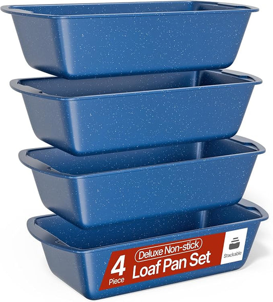 Nonstick Loaf Pan Set Pack of 4, Carbon Steel 11" Large Baking Bread Pan, Oven Safe Up to 450°F, PFOA, PFOS, PTFE Free, Space Saving Stackable Design, Stain Resistant, Dishwasher Friendly, Blue Marble