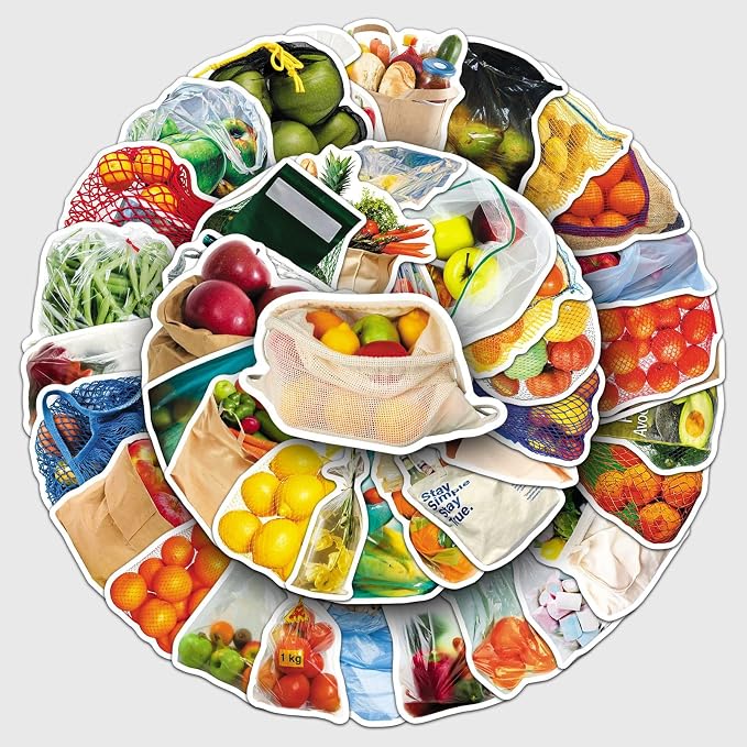50 Pcs Bagged Food -Fruit and Vegetable Stickers Pack - Cute Cartoon Produce Decals in a Bag for Kids Learning, Kitchen Labels, Healthy Eating - Teacher & Parent Supplies (Bagged Food)