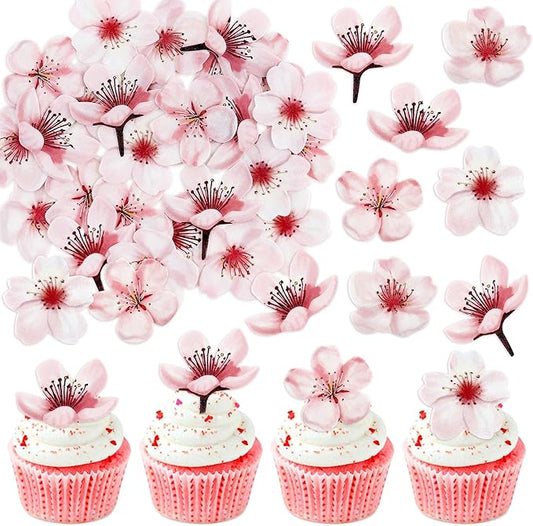 40Pcs Edible Cherry Blossom Cupcake Toppers Spring Flower Blossoms Cupcake Picks for Cherry Baby Shower Bridal Shower Engagement Floral Wedding Girls Birthday Cupcake Decorations