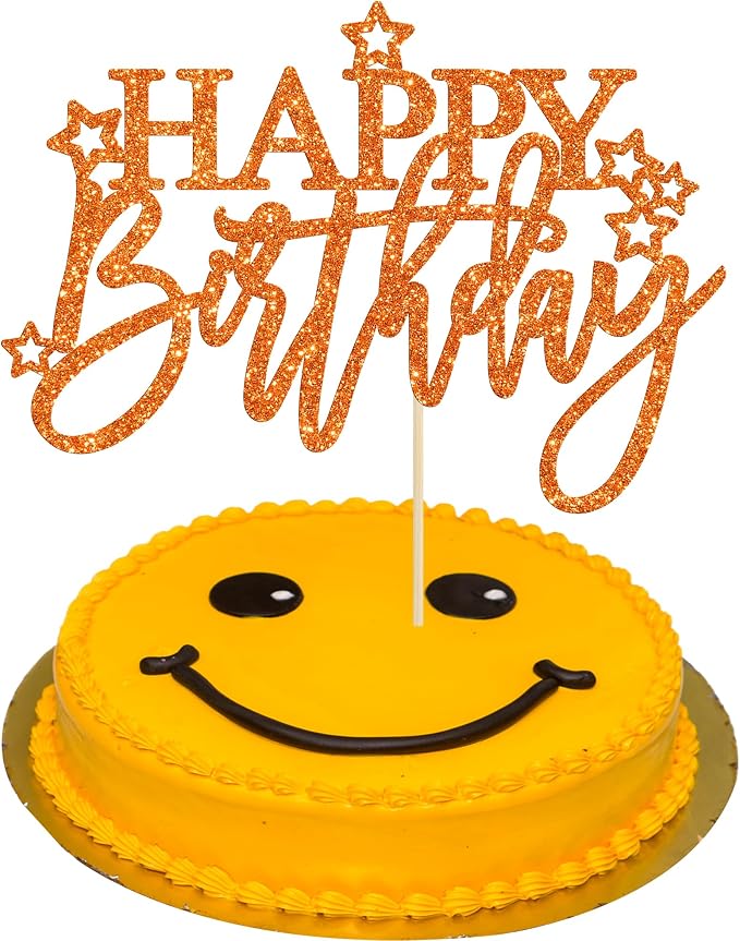 Gyufise 1Pcs Happy Birthday Cake Topper Glitter Cake Pick for Celebrating Anniversary Theme Party Cake Decorations Supplies Light Orange