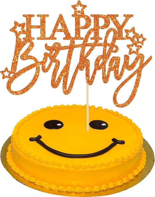 Gyufise 1Pcs Happy Birthday Cake Topper Glitter Cake Pick for Celebrating Anniversary Theme Party Cake Decorations Supplies Light Orange