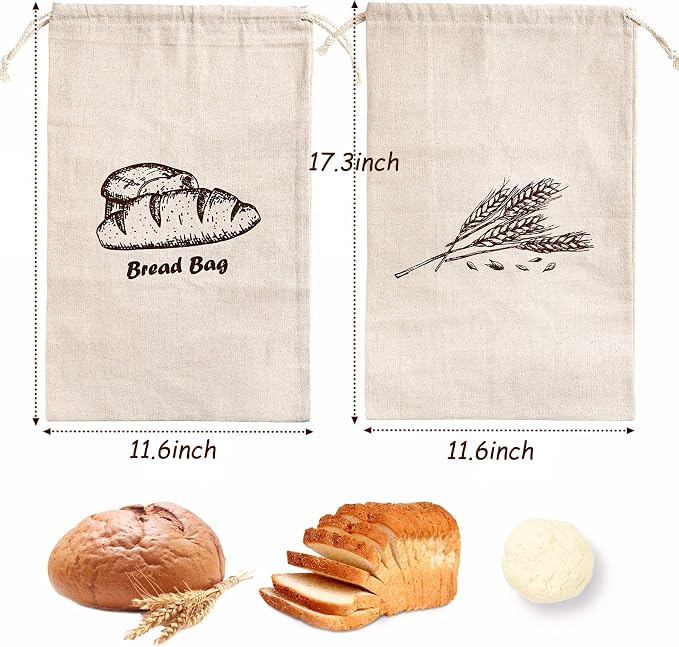Bread Bags, 2-Packs Linen Bread Bags for Homemade Container, 17.3×11.6 Inches Unbleached&Reusable Bread Storage,Natural Large Storage for Artisan Bread,With 2 Pieces Breads Clips