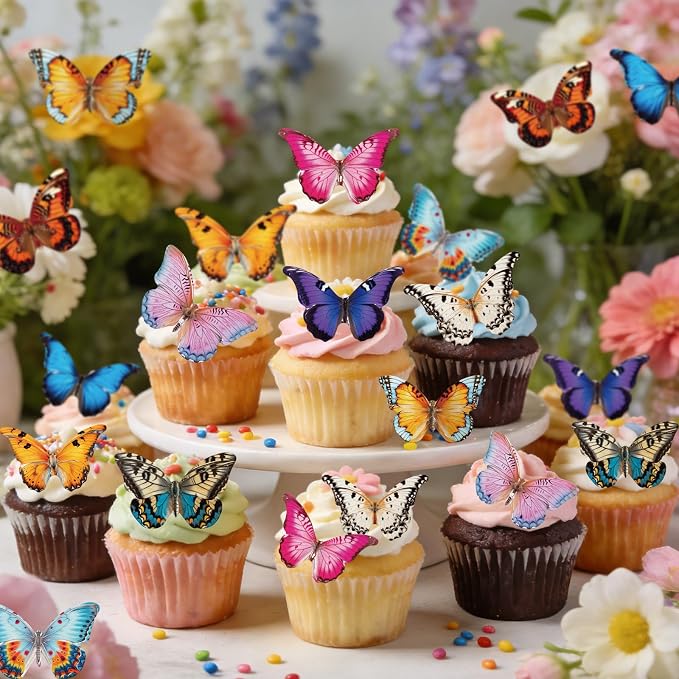72PCS Edible Butterfly Cupcake Toppers Wafer Paper 3D Butterflies Cake Picks Colorful Cake Decorations for Spring Theme Baby Shower Wedding Kids Birthday Party Cake Decor Supplies